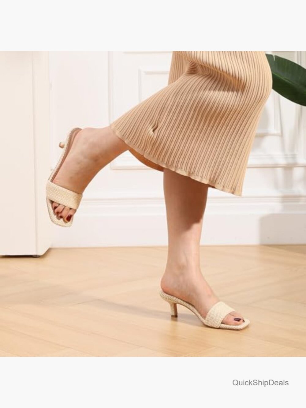 Raffia Kitten Heel Sandals 2 Inch Square Open Toe Slip On Summer Casual Shoes - Picture 5 of 6